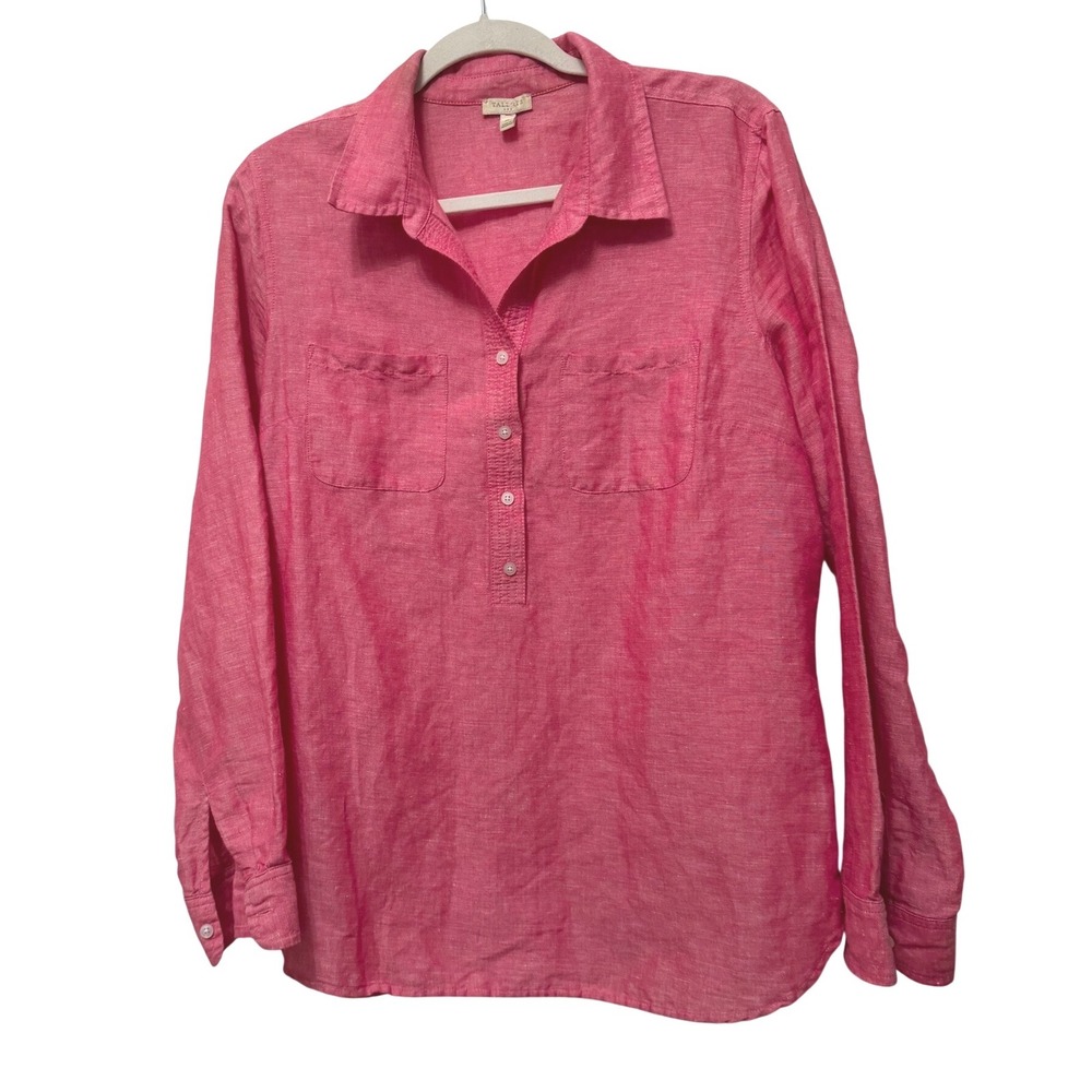 Talbots Womens Dark Pink Linen Blend Popover Shirt Long Sleeve Size M Pockets